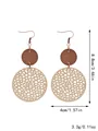 Round hollow-out leather and wood drop earrings with size and weight info - Hollow Geometric Round Style / Beige (11465)