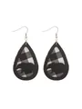 Rustic Buffalo plaid teardrop faux leather earrings featuring a black bear silhouette design - Bear Silhouette Style / Black & White Check