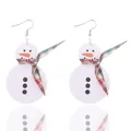 Festive white leather snowman dangle earrings featuring a red plaid scarf Christmas gift - Snowman Red Green Scarf (11151) / White Snowman Red and Green Plaid Scarf (11151)