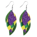 Mardi Gras triple-layer leather leaf earrings with purple and green glitter details - Purple Gold Green Plaid Style (10144)