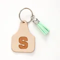 Farm style leather ear tag keychain with letter S and mint green tassel - Letter S Style (20449)