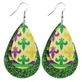 Mardi Gras triple layered teardrop earrings with green glitter and fleur-de-lis pattern - Fleur-de-lis Striped Style (10146)