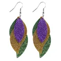 Festive Mardi Gras themed three-layer glitter leather earrings with leaf design in purple gold green - Purple Gold Green Triple Glitter Style (10142)