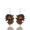 Gothic Halloween wooden skull dangle earrings featuring red roses and butterfly accents - Skull Flower Butterfly Style