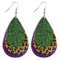 Triple-layer teardrop leather earrings featuring green purple glitter and leopard print design - Green Gold Purple Leopard Teardrop Style (10149)