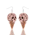 Halloween wooden drop earrings featuring a pink skull-shaped ice cream cone design - Pink Skull Ice Cream Style