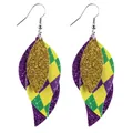 Mardi Gras themed three-layer faux leather leaf earrings featuring purple and gold glitter - Gold Purple Plaid Leaf Style (10145)