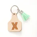 Minimalist leather letter X ear tag keychain with mint green tassel and silver ring - Letter X Style (20454)