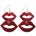 Red leather double-layered lip-shaped drop earrings with a stylish lychee texture - Metallic Red Lips Style (2#)