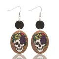 Unique Halloween wood dangle earrings with colorful floral skull print on wood - Colorful Floral Skull Style