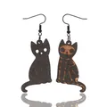 Halloween theme wooden cat dangle earrings with skeleton pattern engraving in black finish - Black Cat Skull Style