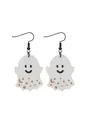Cute Halloween ghost wooden drop earrings with star and moon patterns on a white background - White Smiley Ghost Style