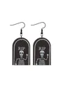 Halloween wooden tombstone earrings with white skeleton and RIP print on black wood - Tombstone Skull RIP Style