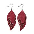 Elegant red multi-layer faux leather leaf drop earrings with glitter detail for women - Triple-Layer S-Shaped Leaf Style (10698)