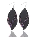 Elegant black multi-layered PU leather leaf drop earrings with colorful glitter accents - Triple-Layer S-Shaped Leaf Style (10704)