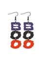 Stylish handcrafted Halloween wooden BOO dangle earrings with purple black orange finish - Vertical Three-Color BOO Style