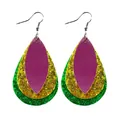 Three-layer carnival teardrop earrings with purple faux leather and colorful glitter - Purple Gold Green Cross Pattern Glitter Style (11799)