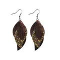 Layered brown PU leather leaf earrings with glitter accents for women - Triple Layer S-Shaped Leaf Style (10703)