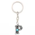 Vintage alloy letter P keychain with natural turquoise stone inlay and engraved star patterns - 20494