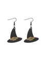 Festive Halloween witch hat wooden drop earrings featuring a decorative floral band - Black Witch Hat