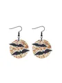 Halloween bat glitter wooden dangle earrings with black fishhooks on white background - Glitter Bat Disk Style