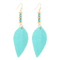 Elegant light blue faux leather leaf drop earrings featuring gold-tone metal bead accents - Beaded Vein Leaf Style (11918)