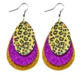 Three-layer teardrop leather earrings with leopard print, purple and gold glitter finish - Yellow Leopard Purple Gold Glitter Style (11800)