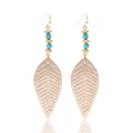 Elegant rose gold PU leather leaf drop earrings with blue turquoise beads for women - Beaded Vein Leaf Style (11919)