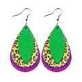 Triple-layer faux leather teardrop earrings with green, leopard, and purple glitter - Green Leopard Purple Glitter Teardrop Style (11798)