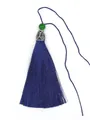 Close-up of a dark blue polyester tassel featuring a green bead and silver metal cap - Green Bead & Alloy Cap Style / Dark Blue