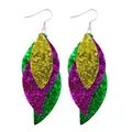 Festive triple-layer glitter leather leaf earrings in vibrant purple green and gold colors - Gold Purple Green Triple Leaf Style (11797)