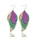 Triple-layered Mardi Gras leaf leather earrings with purple, green, and gold glitter finish - Purple Green Gold High Sparkle Glitter Style (11546)