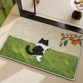 Faux linen bathroom absorbent anti-slip door mat featuring a cute cat and persimmon design - Black Cat Lying Down / 40*60cm