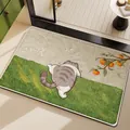 Faux linen bathroom mat with cute cat and persimmon design, non-slip absorbent rug - Grey Cat Lying Down / 40*60cm