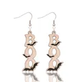 Halloween lightweight wood drop earrings with black bats and BOO carved text design - Bat Print Natural Wood BOO Style