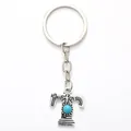 Vintage silver alloy letter T keychain pendant with turquoise bead inlay for car bag - 20497