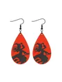 Halloween wooden teardrop earrings featuring a black witch silhouette on red background. - Red Drop Witch Silhouette Style
