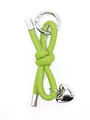 Close-up detail of a minimalist lime green leather knot keychain with heart pendant charm - Woven Lanyard (21674)
