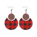 Handmade red and black buffalo plaid leather crescent earrings with round wood accents - Red/Black Plaid