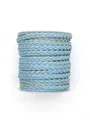 Detail macro view of sky blue and gold braided PU leather cord roll for DIY crafts - Three-Strand Twisted Style (00180)