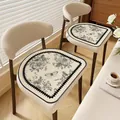 High-quality French vintage faux linen chair cushion with black floral and butterfly print - Horseshoe / 40x40cm / Ink Flower