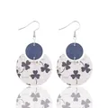 Bohemian crescent leather and navy wood drop earrings with black clover print pattern - White Shamrock