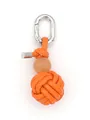 Detailed view of handmade orange woven PU ball keychain with silver carabiner clip - Woven Ball Charm (21948)