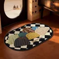 Oval linen woven bathroom mat featuring colorful pumpkin embroidery and checkered border - 40*60cm / Colorful Pumpkin Plaid