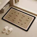Detailed view of woven linen bath mat with dachshund pattern in a modern bathroom - Rounded Rectangle / 40x60cm / Trendy Dog Brown Pattern