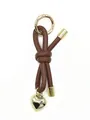 Stylish brown leather knot keychain featuring a gold heart charm and spring ring clasp - Woven Lanyard (21663) / Brown