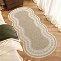 Elegant French vintage floral curved runner rug for bedroom bedside in warm beige tones - Wave / 40*80cm / Natural Warm