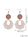 Detailed view of Bohemian hollowed-out lace earrings with wood discs and dimensions - Light Purple (11479)