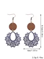 Close-up of Bohemian hollow earrings with blue floral wood cutout and dimensions. - Blue (11482)
