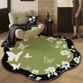 French vintage irregular green Belgium velvet area rug with butterfly and flower patterns - Floral Dance / Diameter 50CM